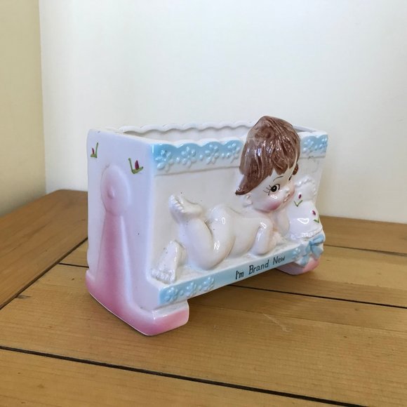 I'm Brand New Baby Ceramic Flower Vase Vintage Cute Pink & Blue Planter Pot - Picture 3 of 9